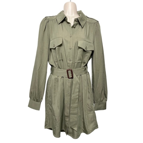 PAIGE Olive Green Utility Belted Mini Shirt Dress Cotton Twill Long Sleeve S - Picture 2 of 13